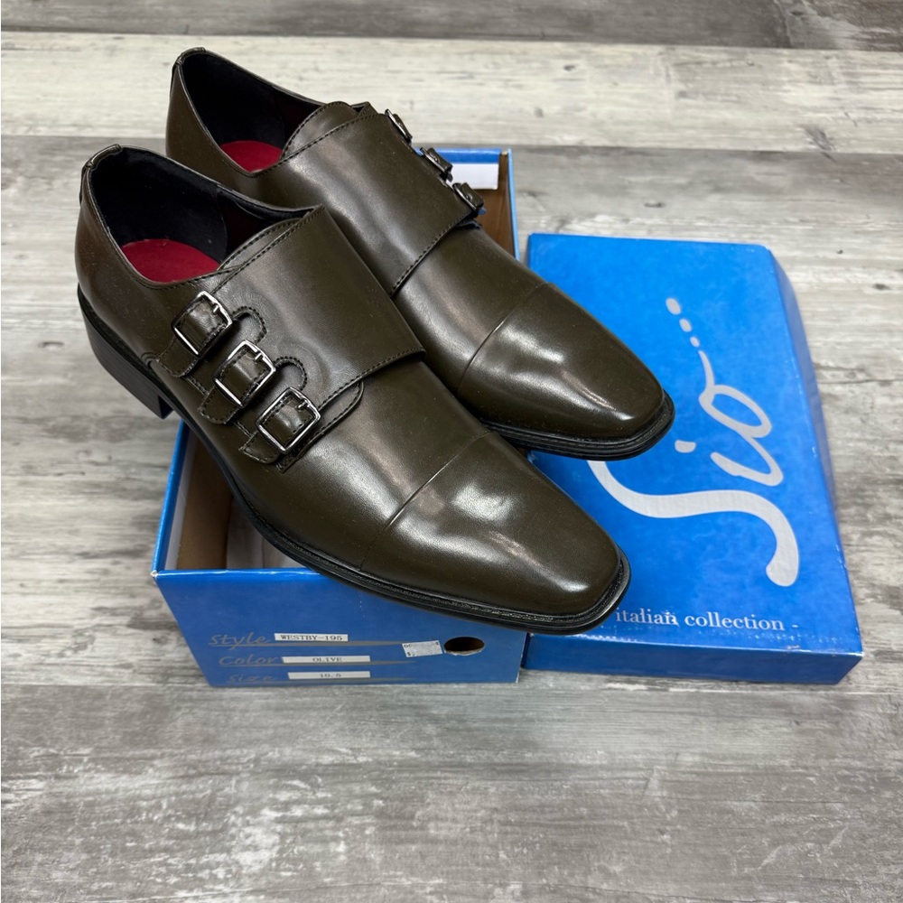 NEW Sio Olive Triple Monk Strap Loafers Dress Shoes 10.5 M